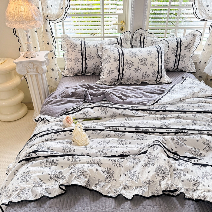 91家纺网 家纺一手货源 找家纺 韩约家纺 2026春夏新款皱皱纱床盖款夏被夏凉被空调被四件套 安娜花园