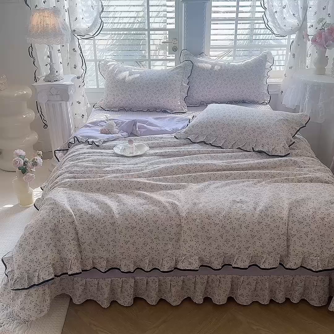 91家纺网 家纺一手货源 找家纺 韩约家纺 2026春夏新款皱皱纱床盖款夏被夏凉被空调被四件套 淡里香兰