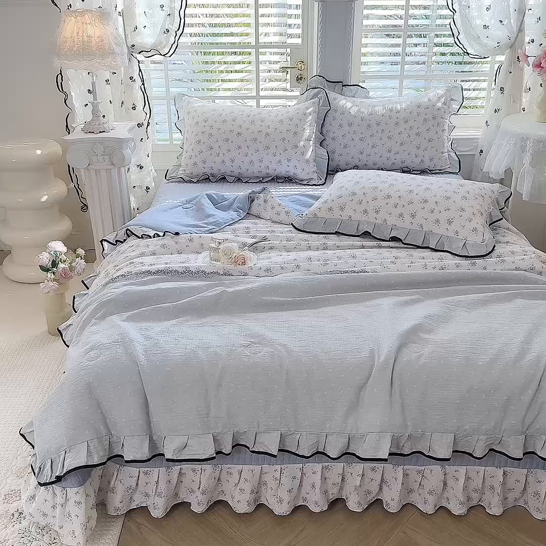 91家纺网 家纺一手货源 找家纺 韩约家纺 2026春夏新款皱皱纱床盖款夏被夏凉被空调被四件套 清清文絮