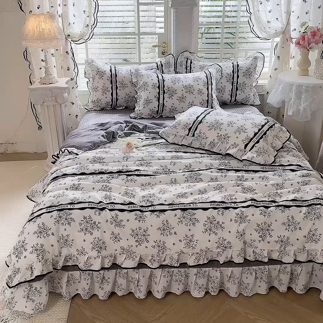 91家纺网 家纺一手货源 找家纺 韩约家纺 2026春夏新款皱皱纱床盖款夏被夏凉被空调被四件套 安娜花园