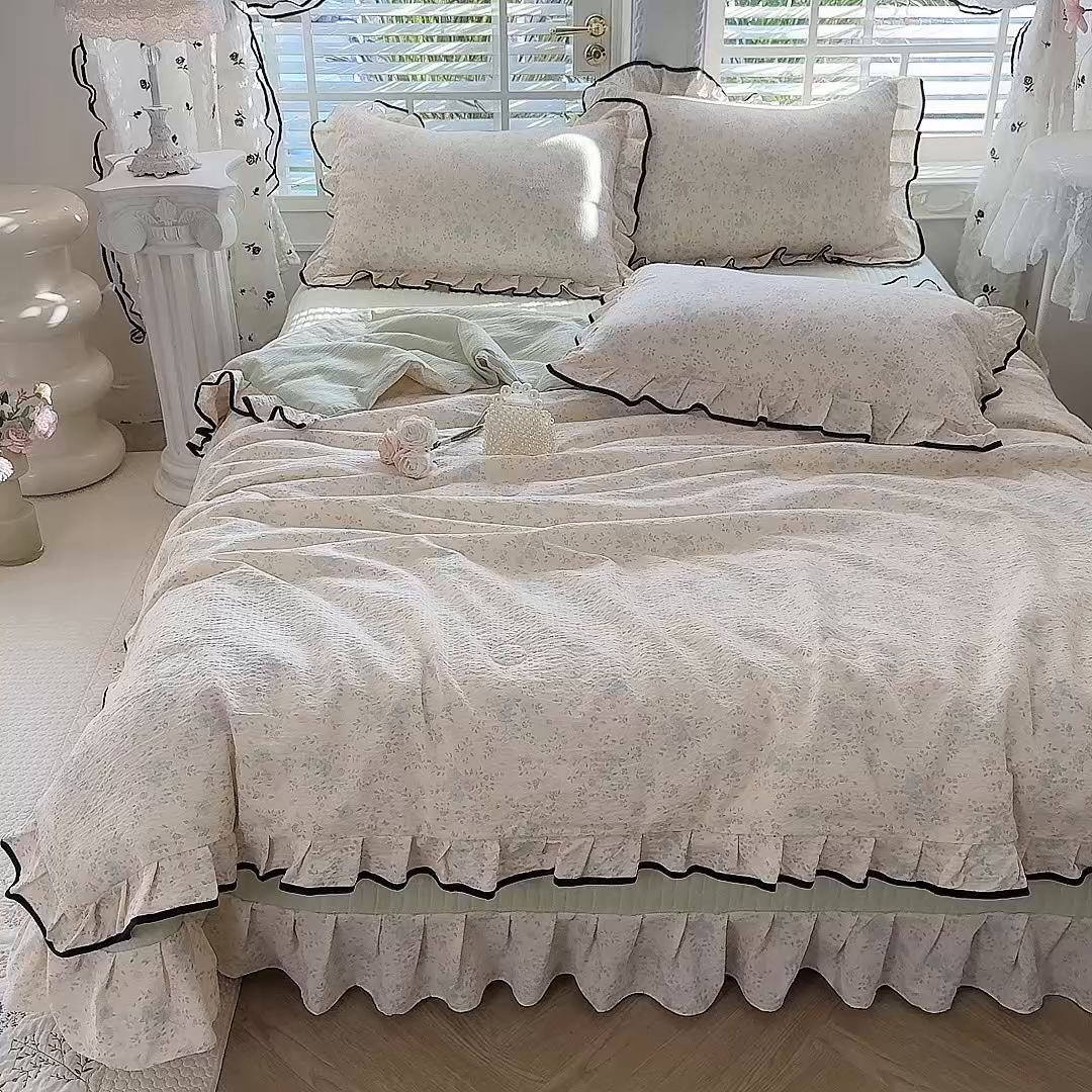 91家纺网 家纺一手货源 找家纺 韩约家纺 2026春夏新款皱皱纱床盖款夏被夏凉被空调被四件套 蔷薇花开