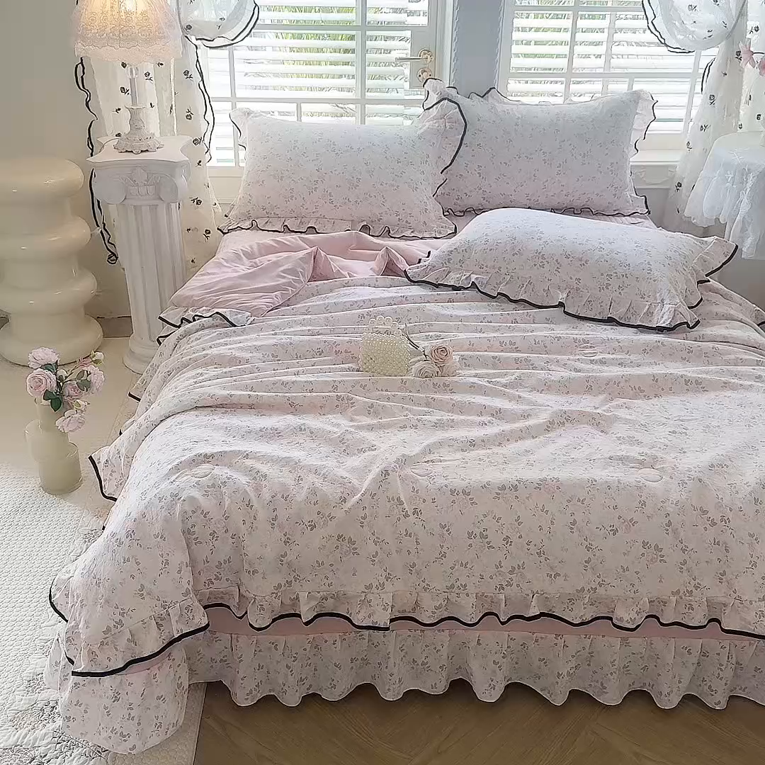 91家纺网 家纺一手货源 找家纺 韩约家纺 2026春夏新款皱皱纱床盖款夏被夏凉被空调被四件套 花影