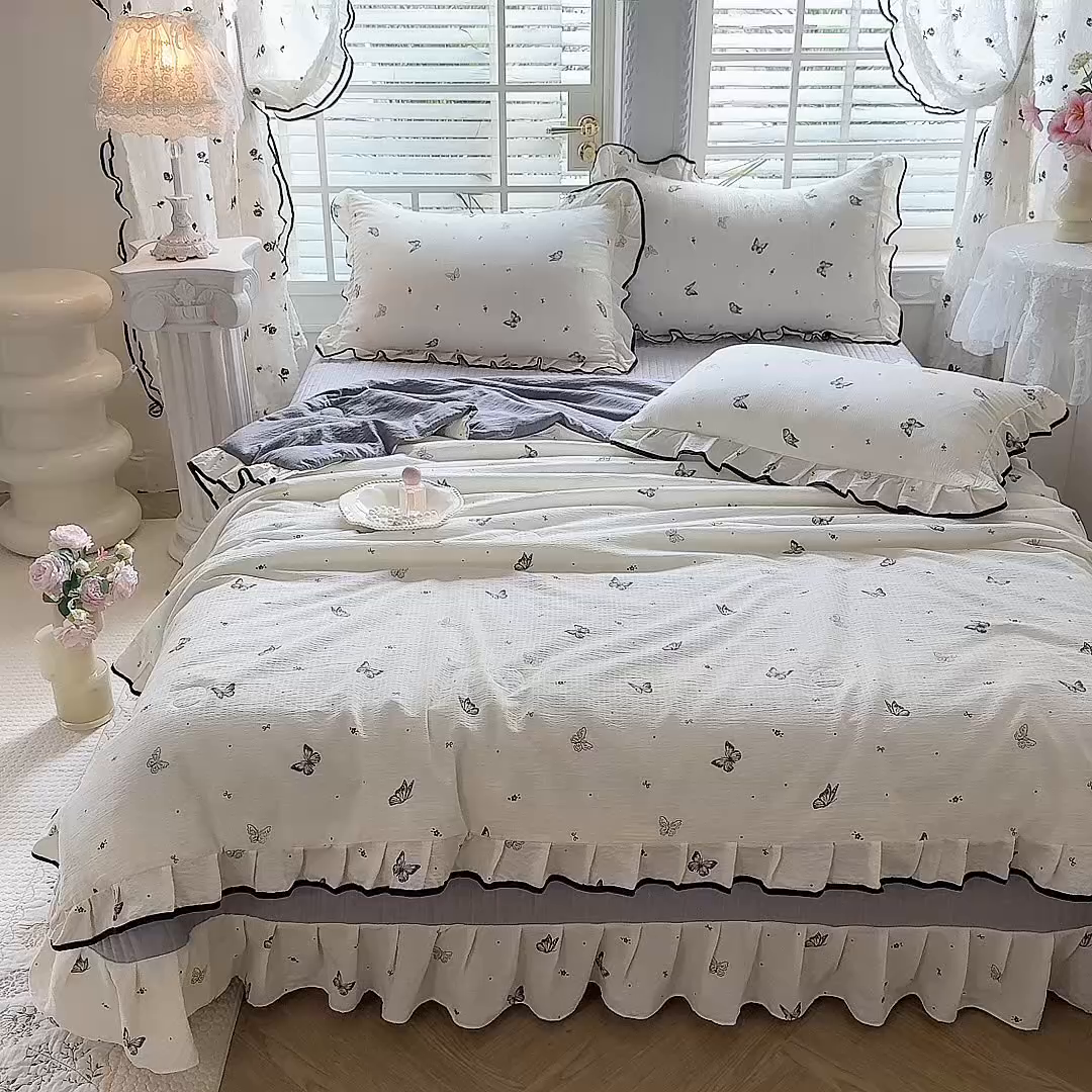 91家纺网 家纺一手货源 找家纺 韩约家纺 2026春夏新款皱皱纱床盖款夏被夏凉被空调被四件套 梦蝶