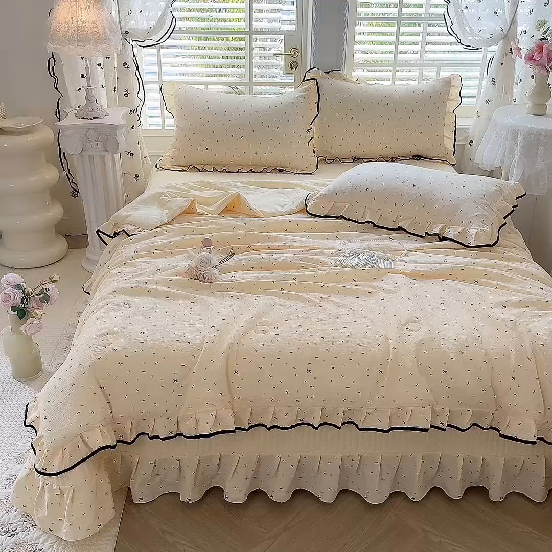 91家纺网 家纺一手货源 找家纺 韩约家纺 2026春夏新款皱皱纱床盖款夏被夏凉被空调被四件套 蜡笔画