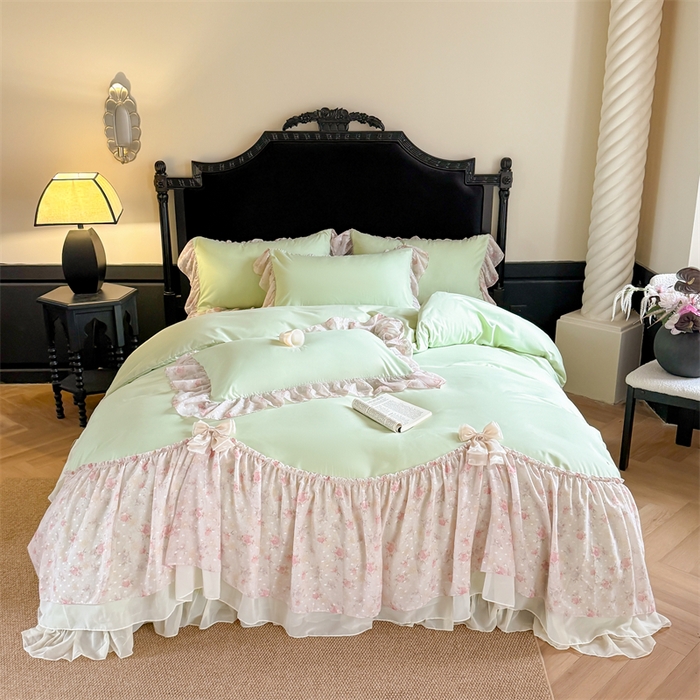 91家纺网 家纺一手货源 找家纺 （总）富盛家纺 2026新款水洗亲肤棉雪纺蕾丝刺绣法式床裙韩版四件套