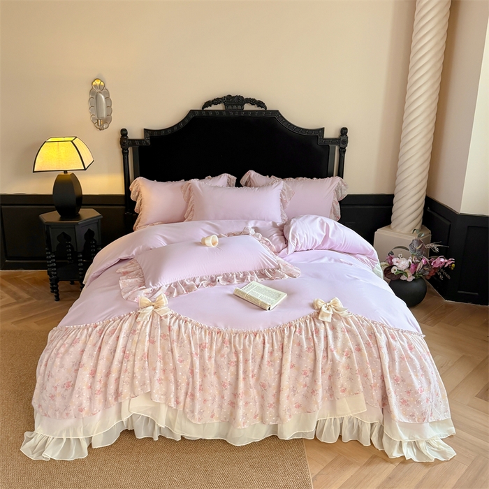 91家纺网 家纺一手货源 找家纺 （总）富盛家纺 2026新款水洗亲肤棉雪纺蕾丝刺绣法式床裙韩版四件套