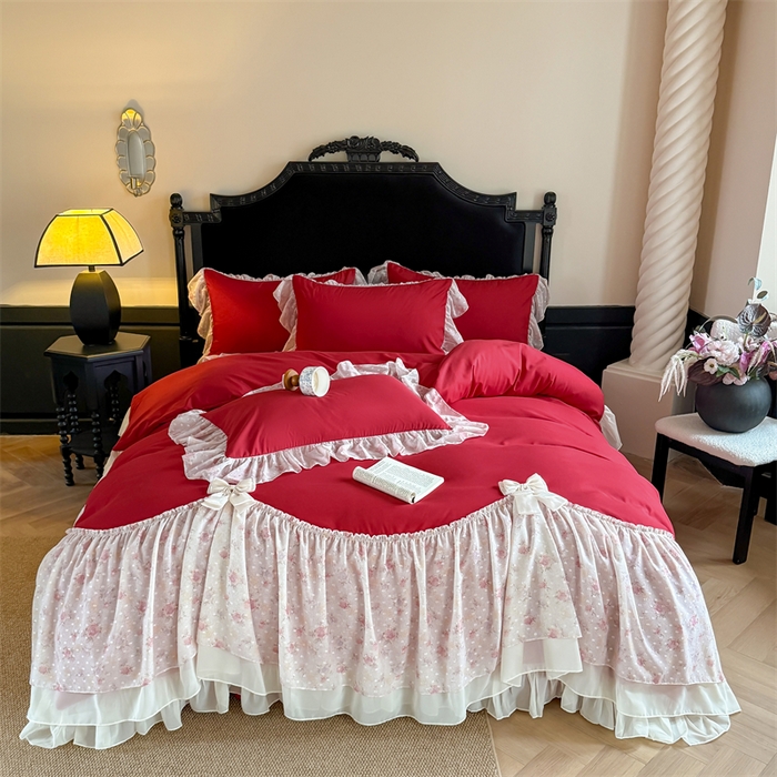 91家纺网 家纺一手货源 找家纺 （总）富盛家纺 2026新款水洗亲肤棉雪纺蕾丝刺绣法式床裙韩版四件套