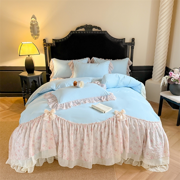 91家纺网 家纺一手货源 找家纺 （总）富盛家纺 2026新款水洗亲肤棉雪纺蕾丝刺绣法式床裙韩版四件套