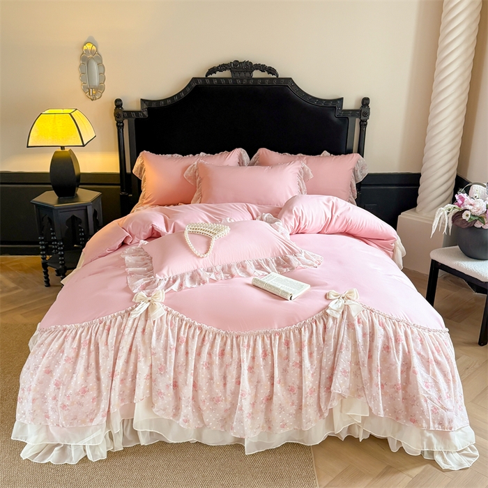 91家纺网 家纺一手货源 找家纺 （总）富盛家纺 2026新款水洗亲肤棉雪纺蕾丝刺绣法式床裙韩版四件套