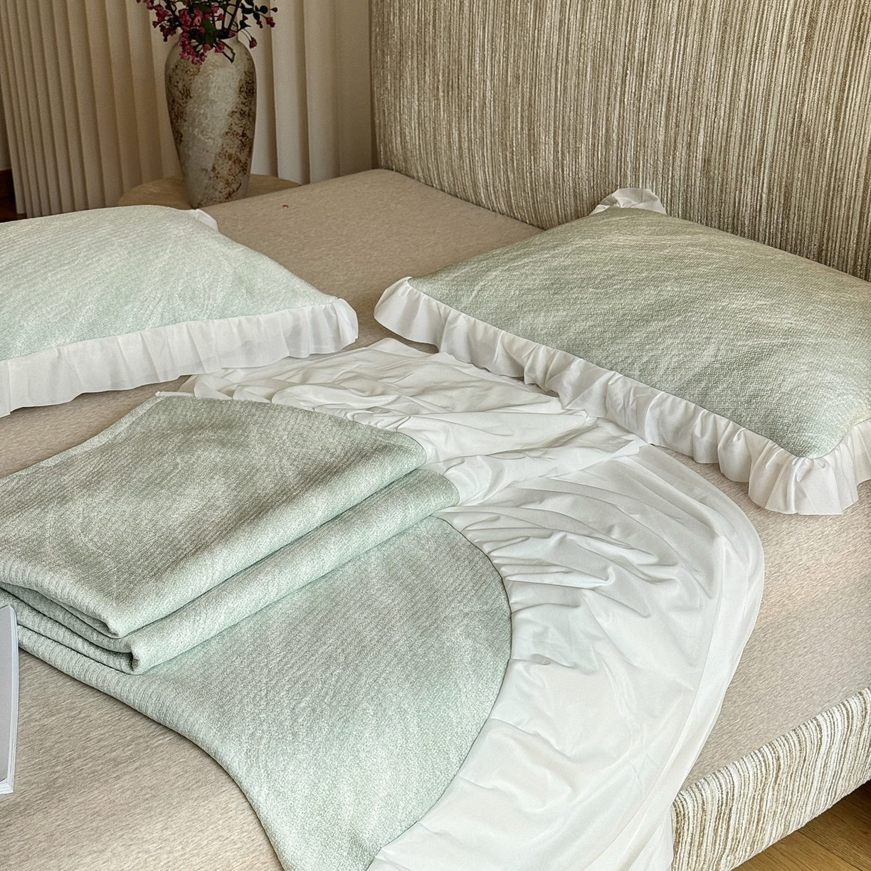 91家纺网 家纺一手货源 找家纺 傲蕾良品 2026新款韩国高分子冰丝软凉席【床裙款】 青纱云纹