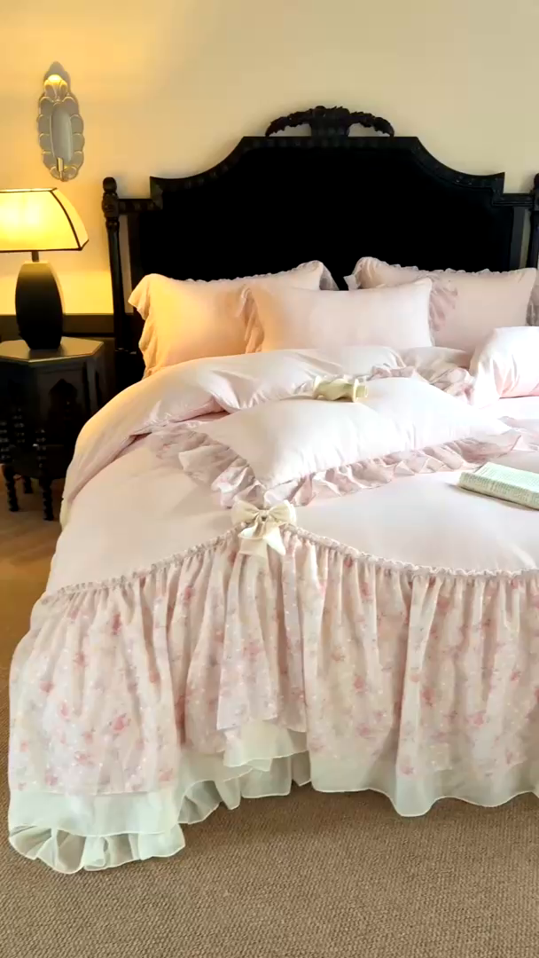 91家纺网 家纺一手货源 找家纺 （总）富盛家纺 2026新款水洗亲肤棉雪纺蕾丝刺绣法式床裙韩版四件套