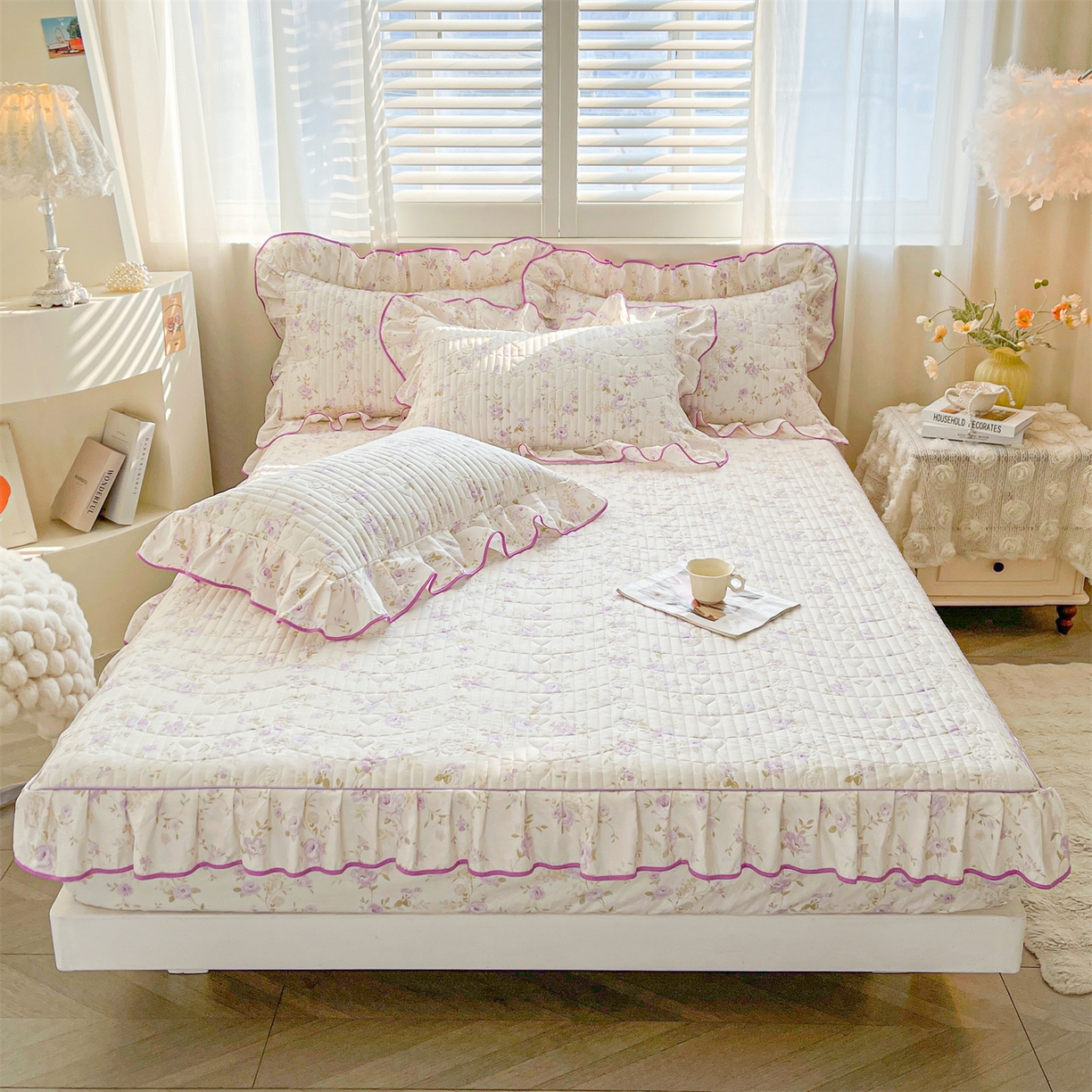 91家纺网 家纺一手货源 找家纺 （总）宜凡家纺 2026新款全棉印花夹棉花边床笠四件套