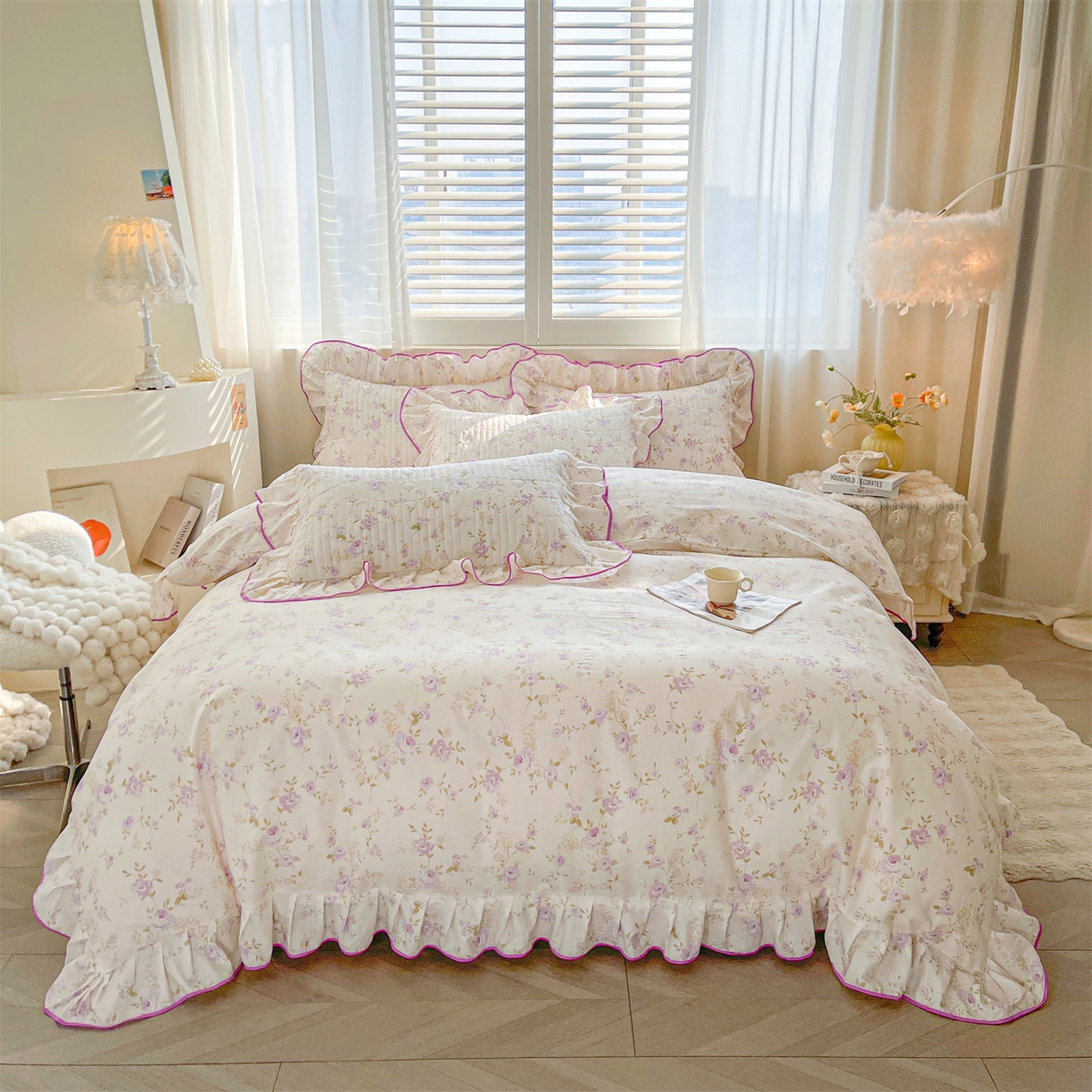 91家纺网 家纺一手货源 找家纺 宜凡家纺 2026新款全棉印花夹棉花边床笠四件套 海棠之恋