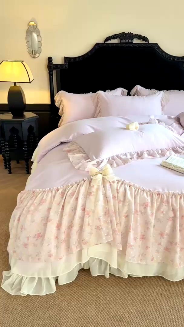 91家纺网 家纺一手货源 找家纺 富盛家纺 2026新款水洗亲肤棉雪纺蕾丝刺绣法式床裙韩版四件套 浪漫主义-紫