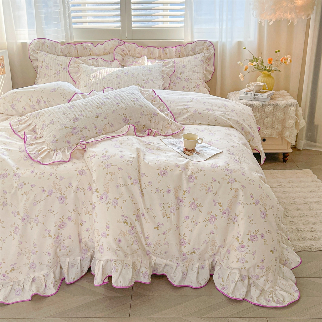 91家纺网 家纺一手货源 找家纺 （总）宜凡家纺 2026新款全棉印花夹棉花边床笠三件套