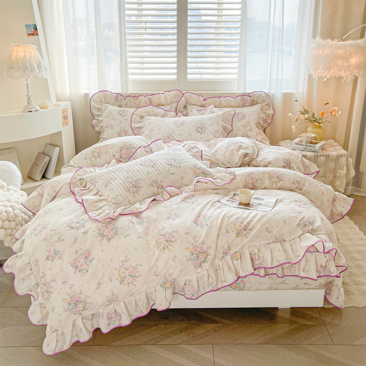 91家纺网 家纺一手货源 找家纺 宜凡家纺 2026新款全棉印花夹棉花边床笠三件套 镜花映月