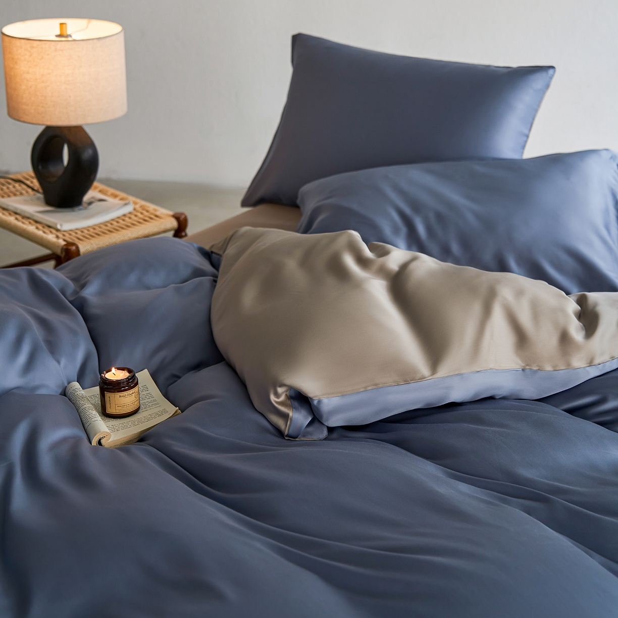 91家纺网 家纺一手货源 找家纺 轩和家居 2026新款60支奥地利兰精天丝四件套 劳伦蓝+伯爵灰