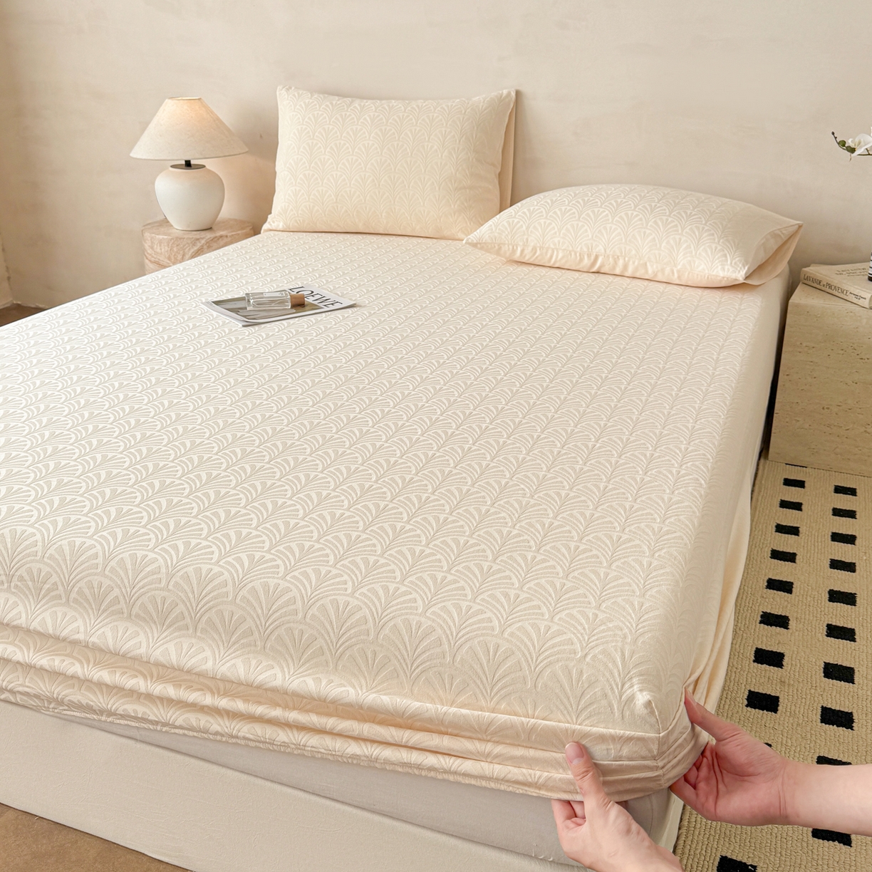 眠博士 2026新款60S水洗立体提花床笠-场景二 床笠-杏影-奶白