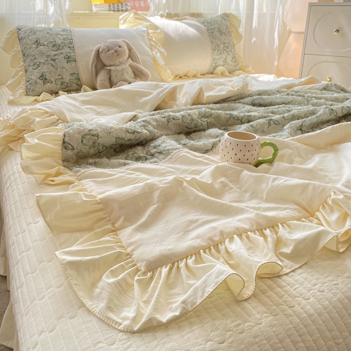 91家纺网 家纺一手货源 找家纺 蝶帕家纺 2026新款水洗棉剪花流苏夹棉床盖款夏被夏凉被空调被四件套-古韵蝶恋 古韵蝶恋-绿