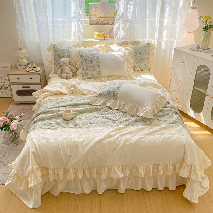 91家纺网 家纺一手货源 找家纺 蝶帕家纺 2026新款水洗棉剪花流苏夹棉床盖款夏被夏凉被空调被四件套-古韵蝶恋 古韵蝶恋-绿