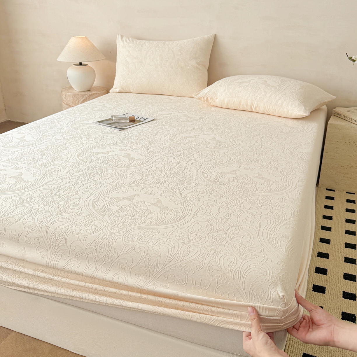 眠博士 2026新款60S水洗立体提花床笠-场景二 床笠-冠马踏云-奶白