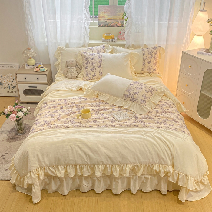 91家纺网 家纺一手货源 找家纺 蝶帕家纺 2026新款水洗棉剪花流苏夹棉床盖款夏被夏凉被空调被四件套-古韵蝶恋 古韵蝶恋-紫