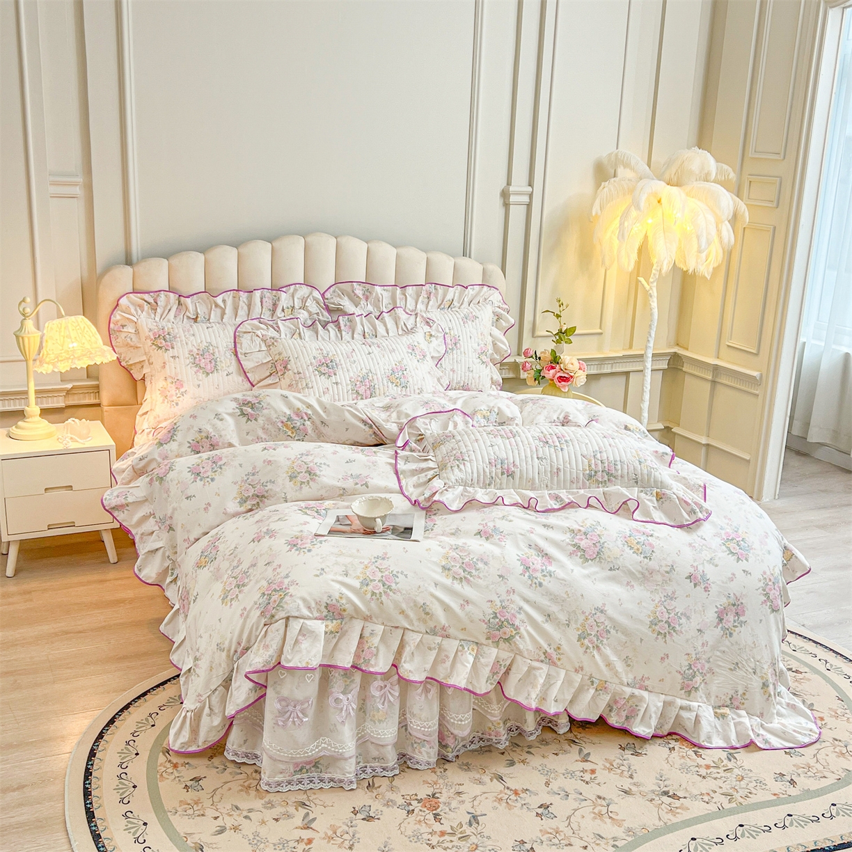 91家纺网 家纺一手货源 找家纺 宜凡家纺 2026新款全棉印花公主风夹棉床裙四件套 镜花映月