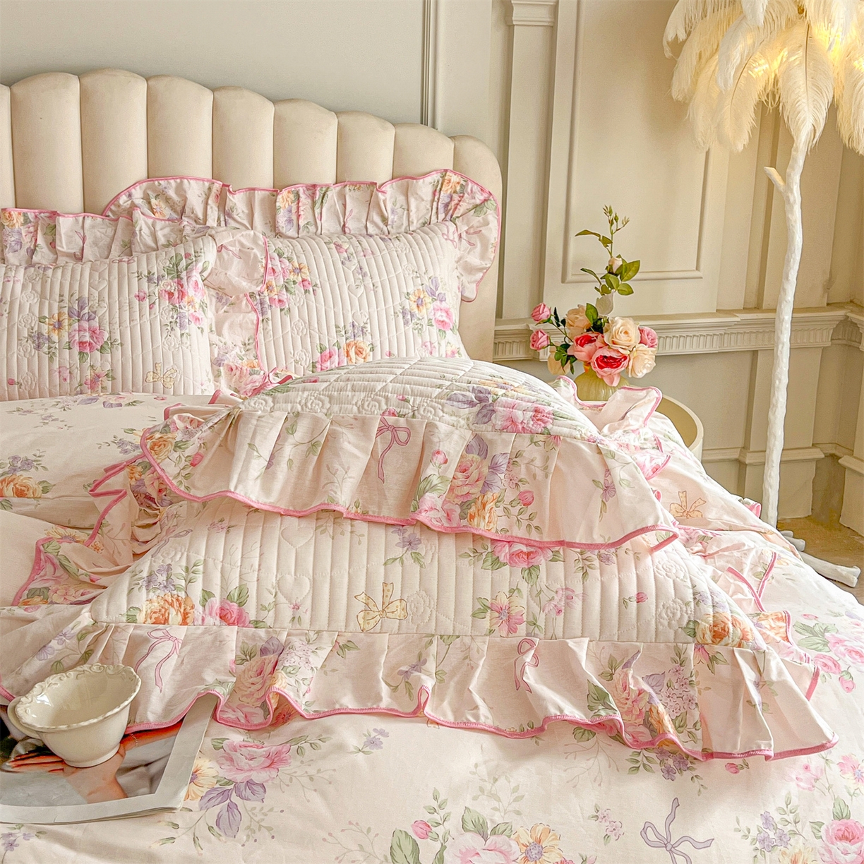 91家纺网 家纺一手货源 找家纺 宜凡家纺 2026新款全棉印花公主风夹棉床裙四件套 玉容昭婉