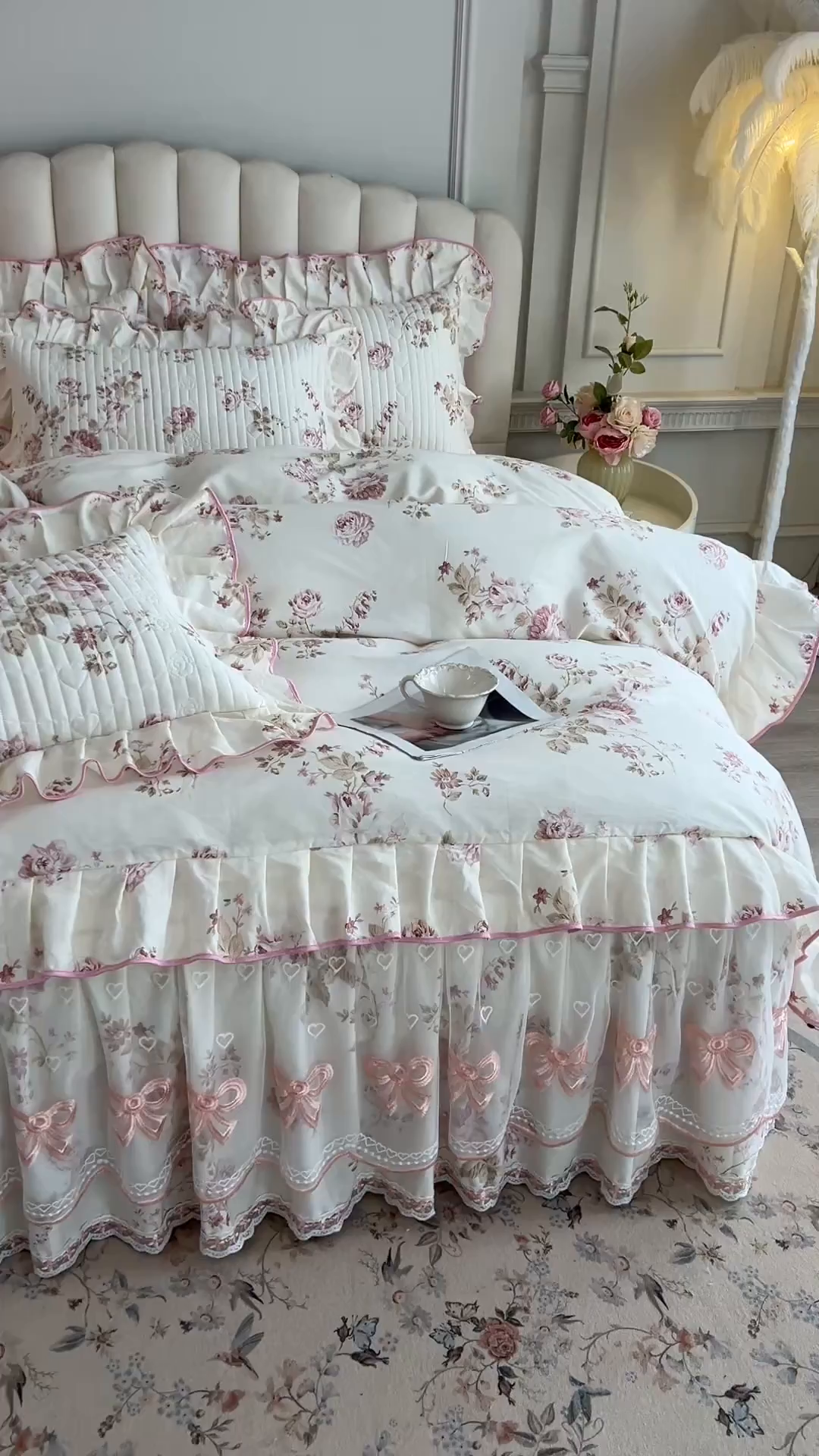 91家纺网 家纺一手货源 找家纺 宜凡家纺 2026新款全棉印花公主风夹棉床裙四件套 水苏栀清