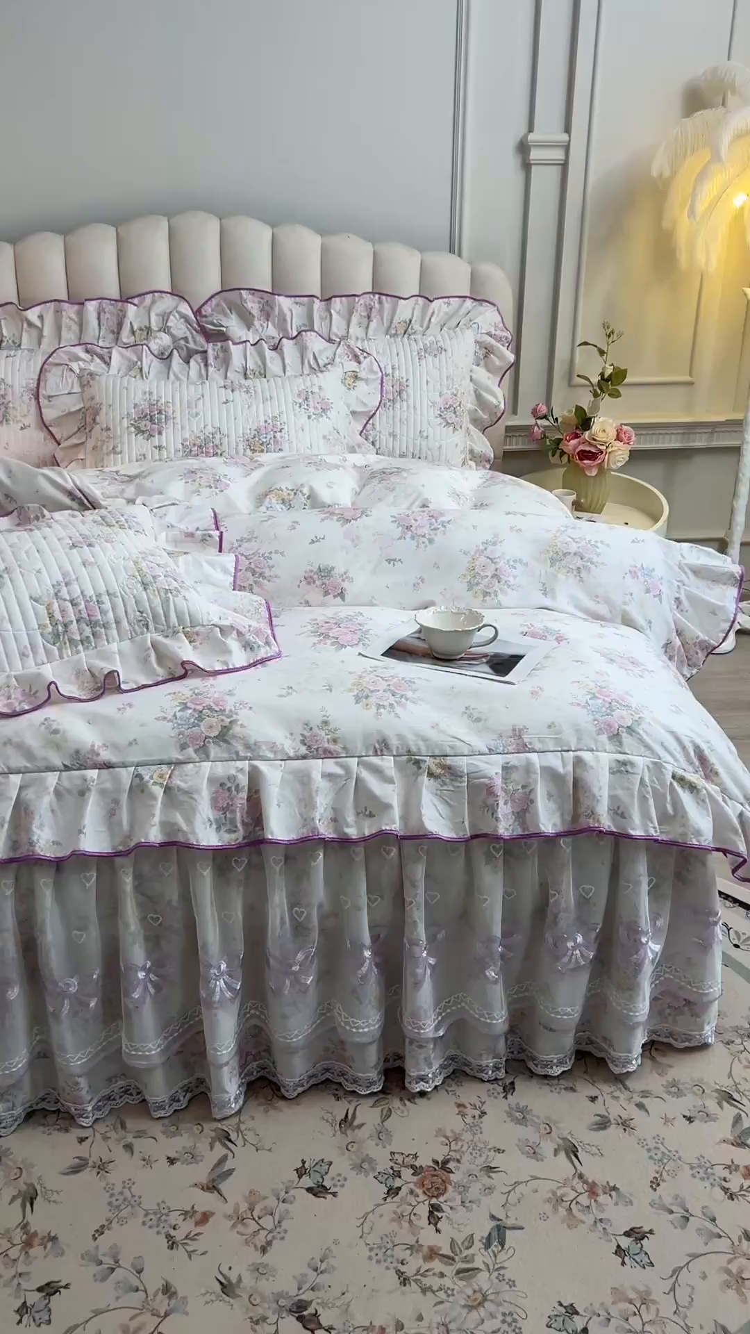 91家纺网 家纺一手货源 找家纺 宜凡家纺 2026新款全棉印花公主风夹棉床裙四件套 镜花映月