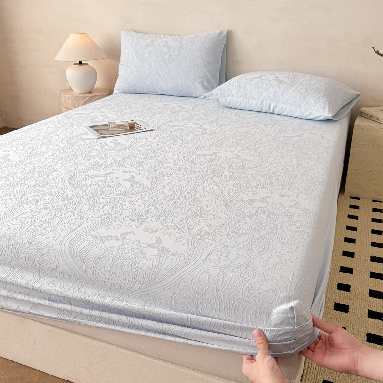 眠博士 2026新款60S水洗立体提花床笠-场景二 床笠-冠马踏云-嫩蓝