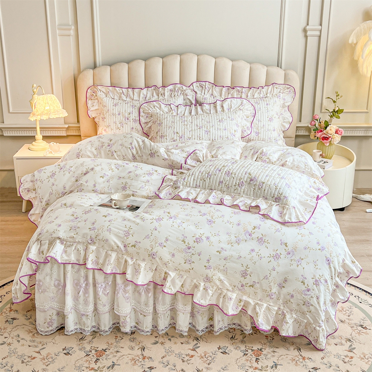 91家纺网 家纺一手货源 找家纺 （总）宜凡家纺 2026新款全棉印花公主风夹棉床裙三件套