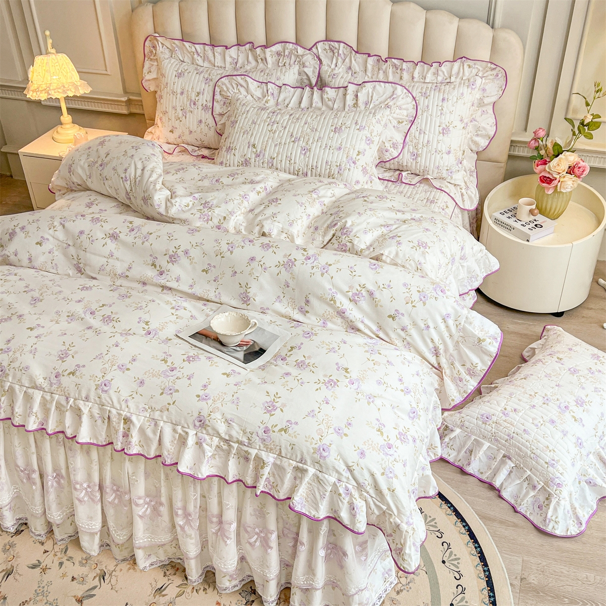 91家纺网 家纺一手货源 找家纺 （总）宜凡家纺 2026新款全棉印花公主风夹棉床裙三件套