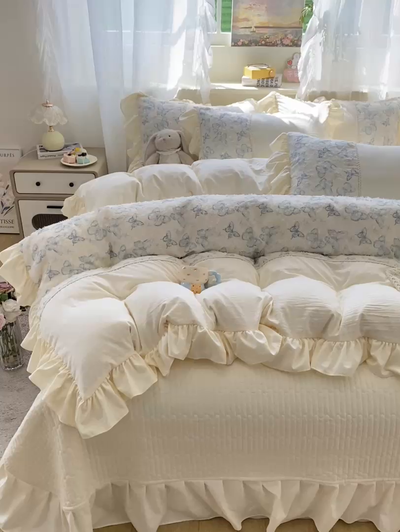 91家纺网 家纺一手货源 找家纺 （总）蝶帕家纺 2026新款水洗棉剪花流苏夹棉床盖款四件套-古韵蝶恋