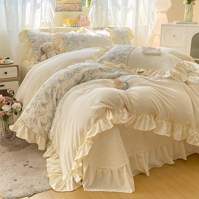 91家纺网 家纺一手货源 找家纺 （总）蝶帕家纺 2026新款水洗棉剪花流苏夹棉床盖款四件套-古韵蝶恋