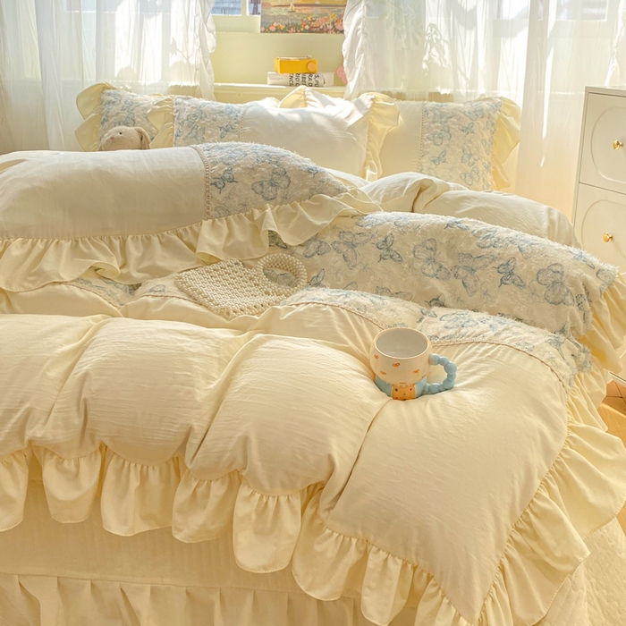 91家纺网 家纺一手货源 找家纺 （总）蝶帕家纺 2026新款水洗棉剪花流苏夹棉床盖款四件套-古韵蝶恋