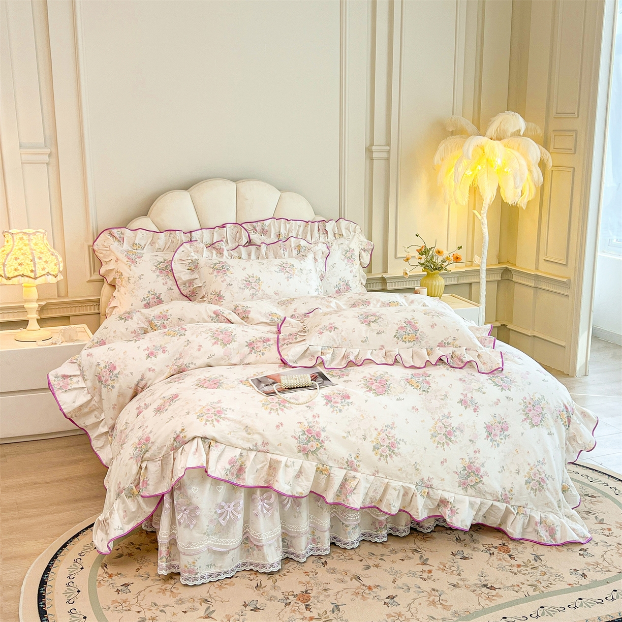 91家纺网 家纺一手货源 找家纺 宜凡家纺 2026新款全棉公主风单层床裙四件套 镜花映月