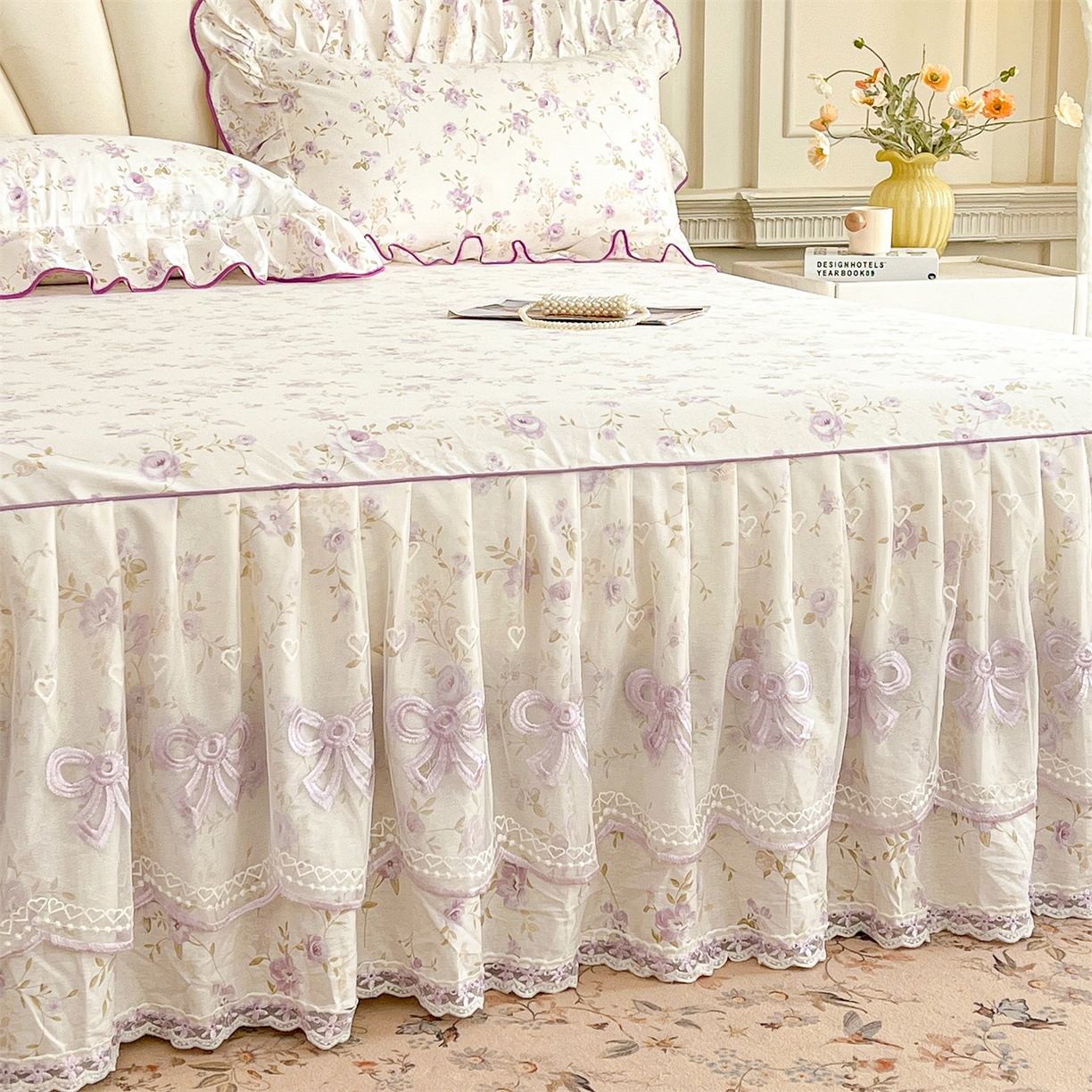 91家纺网 家纺一手货源 找家纺 宜凡家纺 2026新款全棉公主风单层床裙四件套 海棠之恋