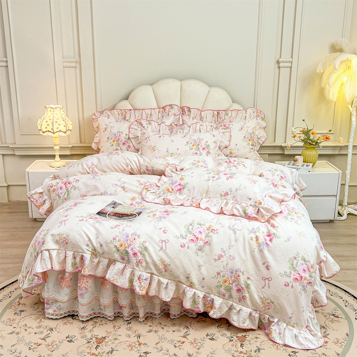 91家纺网 家纺一手货源 找家纺 宜凡家纺 2026新款全棉公主风单层床裙四件套 玉容昭婉