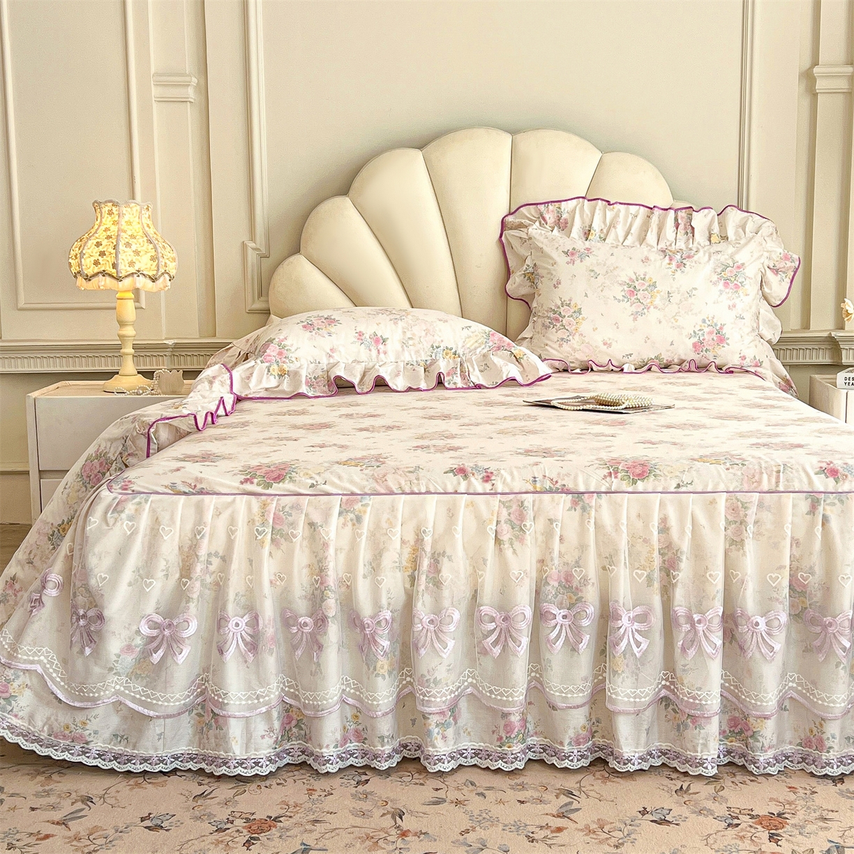 91家纺网 家纺一手货源 找家纺 宜凡家纺 2026新款全棉公主风单层床裙四件套 镜花映月