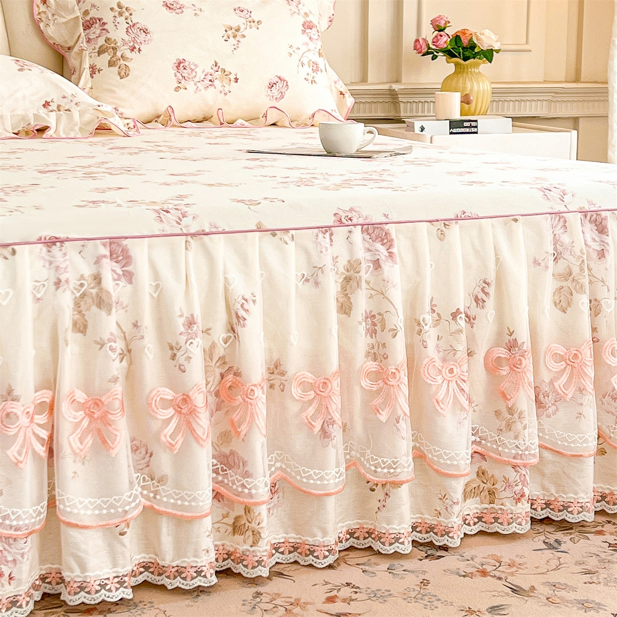 91家纺网 家纺一手货源 找家纺 宜凡家纺 2026新款全棉公主风单层床裙四件套 水苏栀清