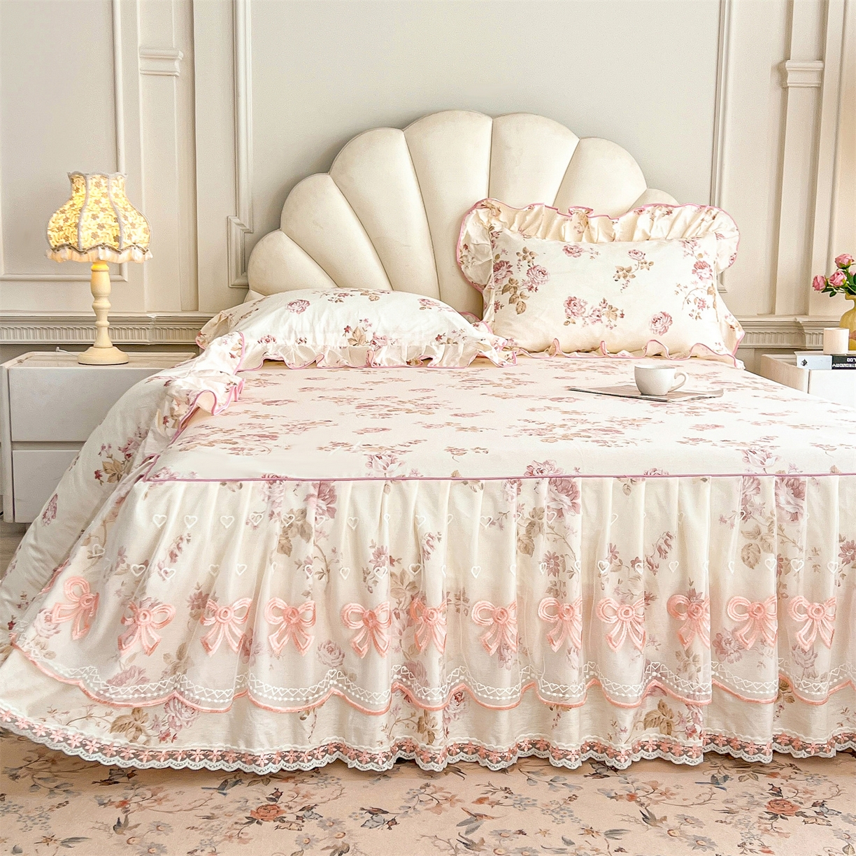 91家纺网 家纺一手货源 找家纺 宜凡家纺 2026新款全棉公主风单层床裙四件套 水苏栀清