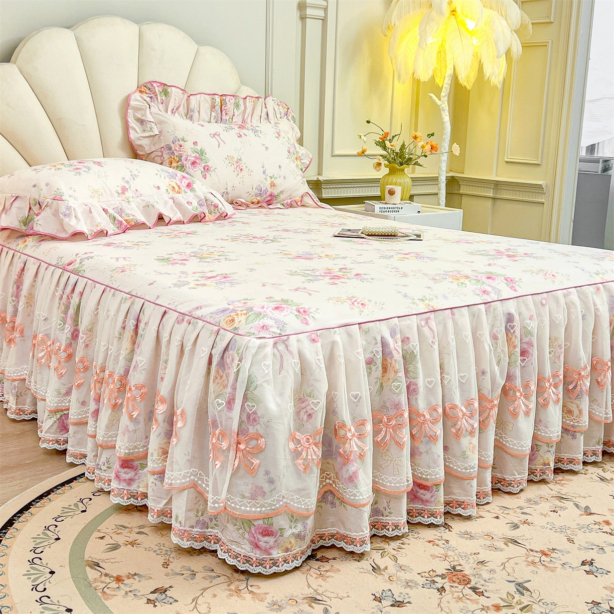 91家纺网 家纺一手货源 找家纺 宜凡家纺 2026新款全棉公主风单层床裙四件套 玉容昭婉