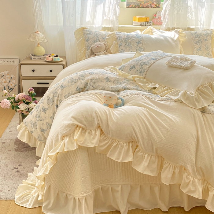 91家纺网 家纺一手货源 找家纺 （总）蝶帕家纺 2026新款水洗棉剪花流苏夹棉床盖款四件套-古韵蝶恋