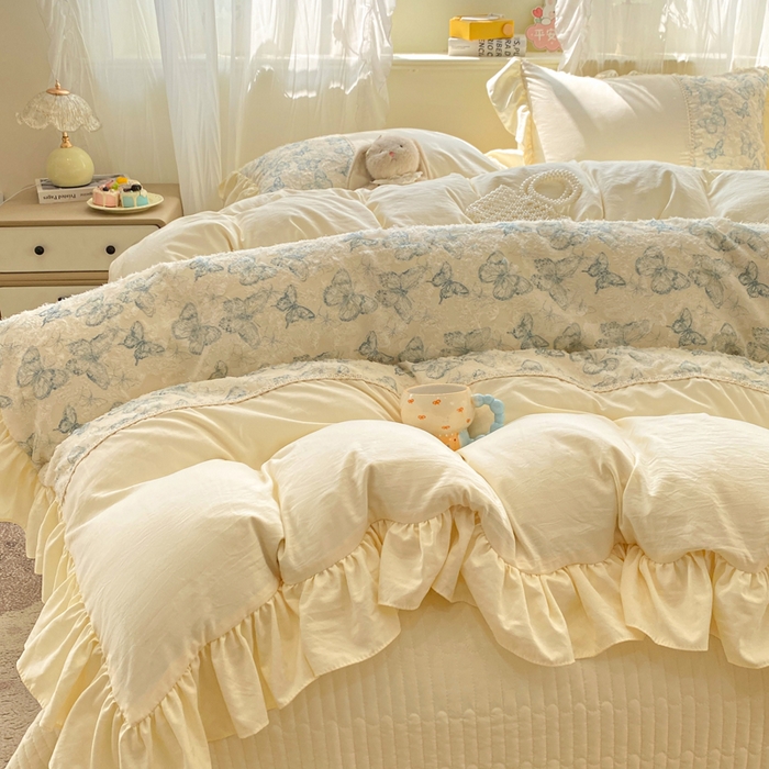 91家纺网 家纺一手货源 找家纺 （总）蝶帕家纺 2026新款水洗棉剪花流苏夹棉床盖款四件套-古韵蝶恋