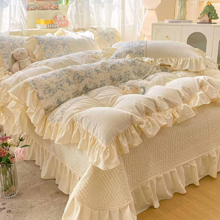 91家纺网 家纺一手货源 找家纺 （总）蝶帕家纺 2026新款水洗棉剪花流苏夹棉床盖款四件套-古韵蝶恋