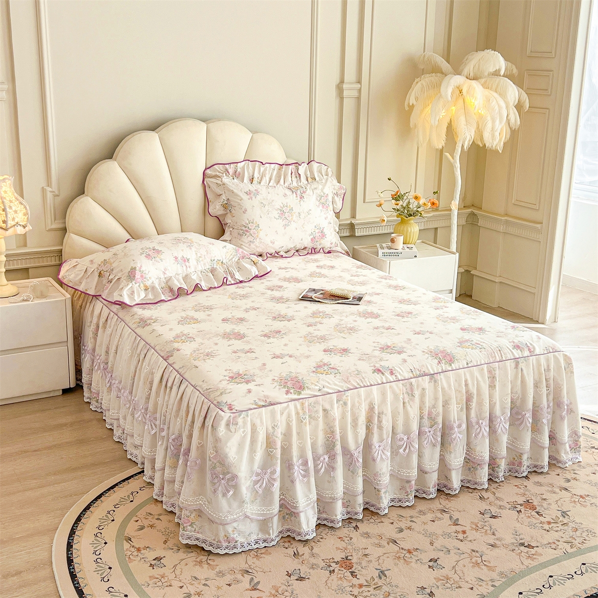 91家纺网 家纺一手货源 找家纺 宜凡家纺 2026新款全棉公主风单层床裙三件套 镜花映月