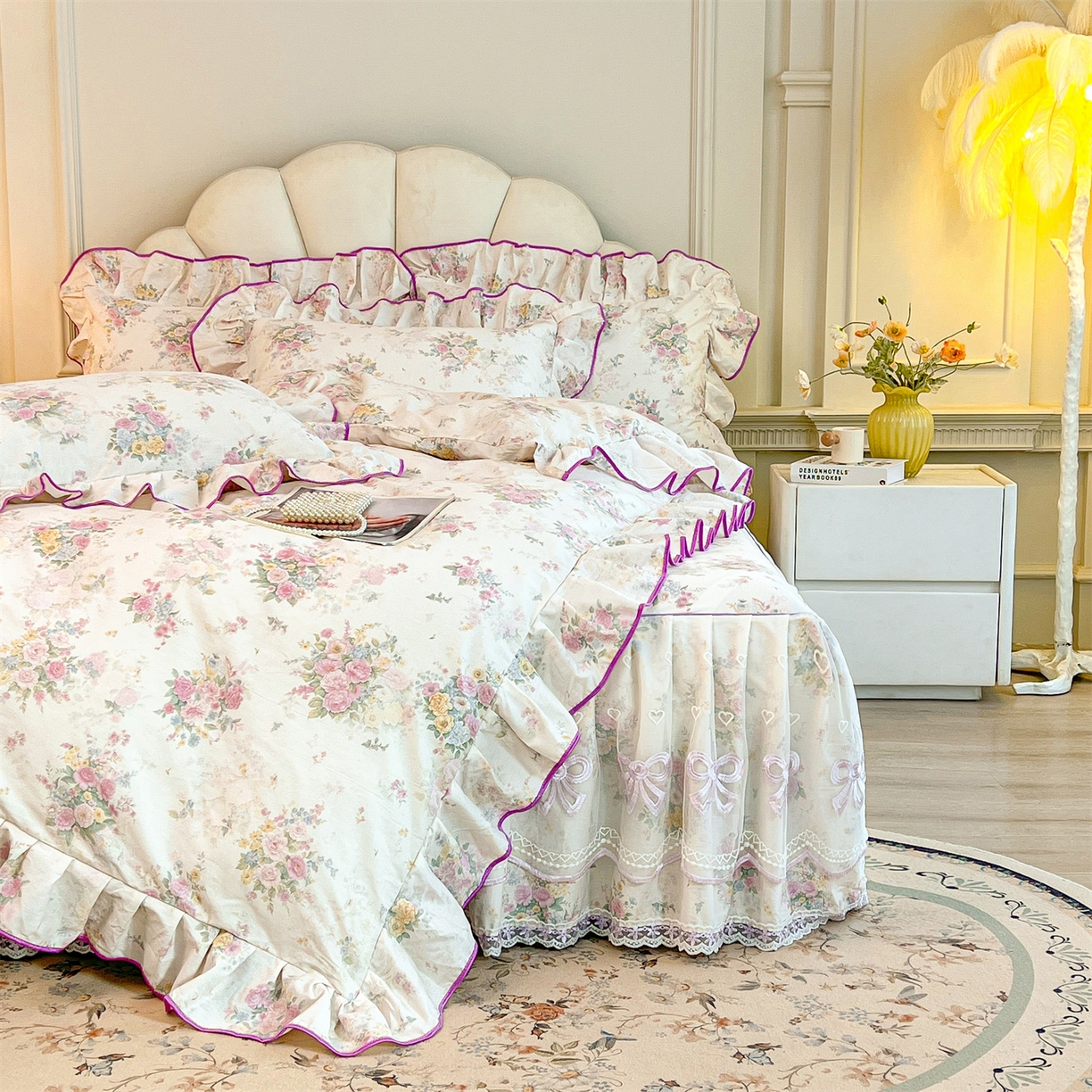 91家纺网 家纺一手货源 找家纺 宜凡家纺 2026新款全棉公主风单层床裙三件套 镜花映月