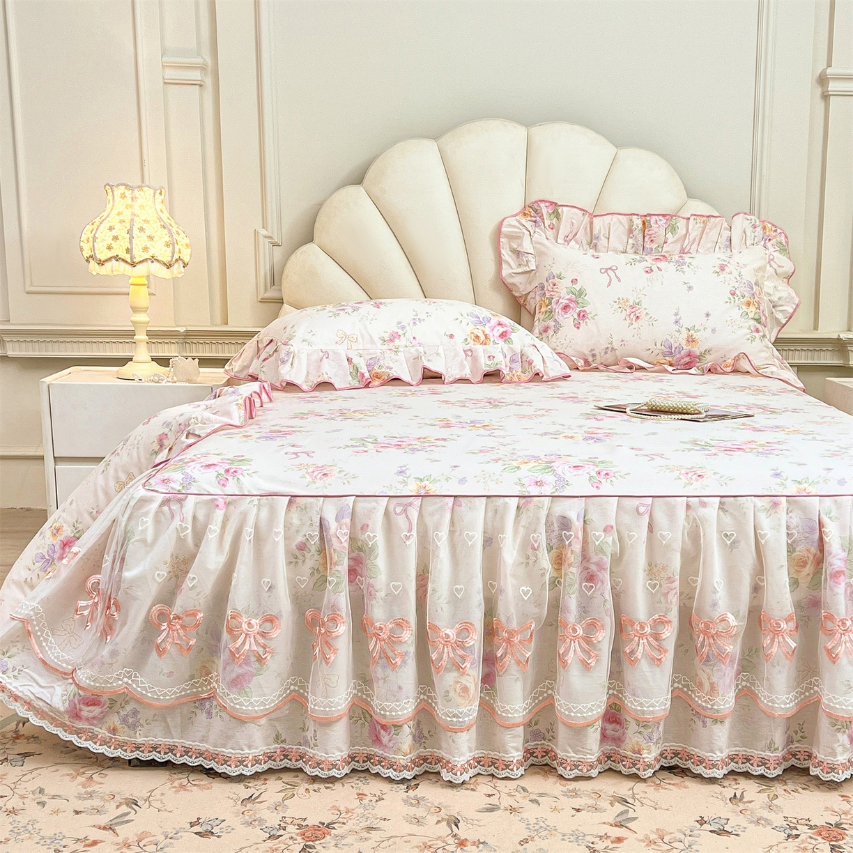 91家纺网 家纺一手货源 找家纺 宜凡家纺 2026新款全棉公主风单层床裙三件套 玉容昭婉