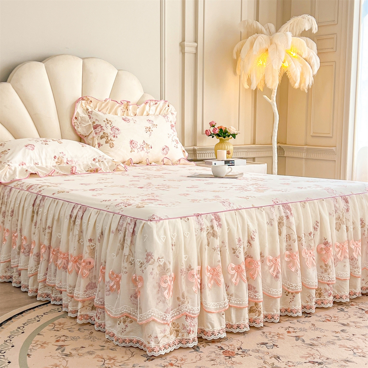 91家纺网 家纺一手货源 找家纺 宜凡家纺 2026新款全棉公主风单层床裙三件套 水苏栀清